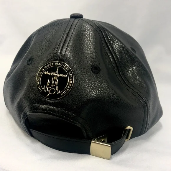 Walt Disney World 50th Anniversary Logo Black Baseball Cap Hat Faux Leather NEW - Picture 2 of 4